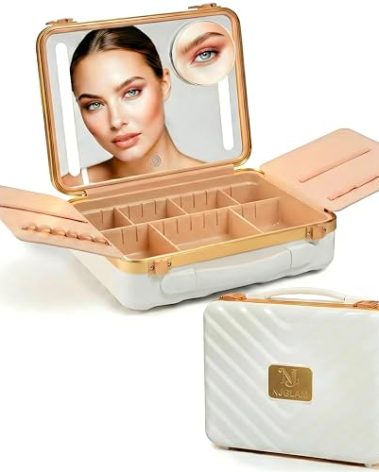 NJ GLAM Lighted Makeup Case with Mirror - Portable Travel Makeup Organizer with LED Mirror, 3 Light Settings, ADJUSTABLE DIVIDERS, Makeup Bag with Mirror and Light - Mini 10x Mirror included