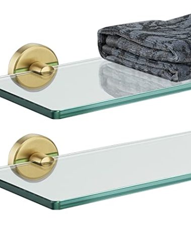 JQK Bathroom Glass Shelf Gold, Tempered Glass Shower Storage 12 by 5 inches, 304 Stainless Steel Brushed Gold Wall Mount 2 Pack, TGS101L12-BG-P2
