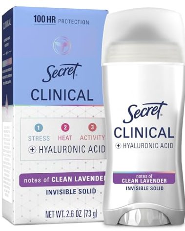 Secret Clinical Strength Antiperspirant Deodorant for Women, 100hr Sweat & Odor Protection, 3X Stress Protection with Hyaluronic Acid, PH Balanced, Invisible Solid, Clean Lavender Scent, 2.6 oz