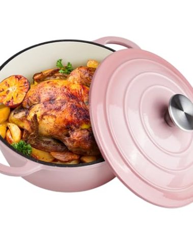6 Quart Dutch Oven Enameled Cast Iron with Lid - Big Dual Handles - Oven Safe up to 500°F - Classic Round Pot for Versatile Cooking (Pink, 6 QT)