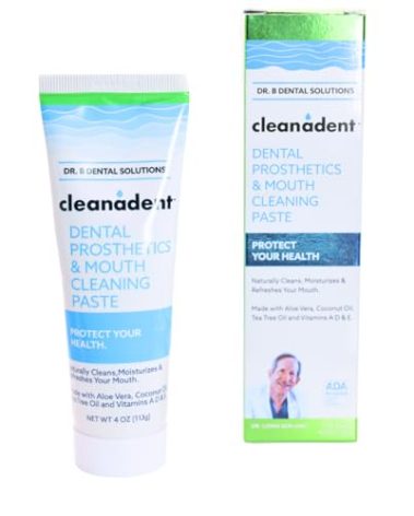 Dr. B Dental Solutions Cleanadent Denture and Gum Toothpaste, ADA Accepted All-Natural Denture Toothpaste for Adults - Removes Odors, Surface Stains and Adhesives - 4 oz
