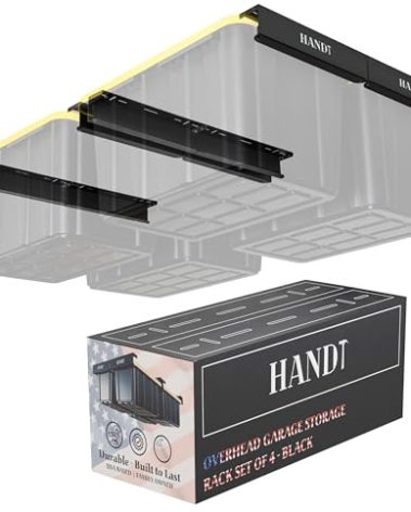 HandT USA Based Overhead Garage Storage Rack, Ceiling Tote Bin Organization Rails Shelving Racks System, Heavy Duty Hanging Metal Rack Systems for 27 Gallon Container, Supports Most Bins, 4 Sets Black