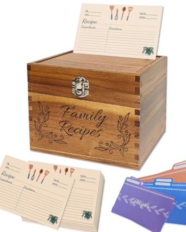 YOJO Wooden Recipe Box With 50 Double Sided 4x6 Recipe Cards and 6 Dividers, Ideal Gift for Christmas, Mother's Day, Wedding, Birthday, Anniversary (Box set style 2)