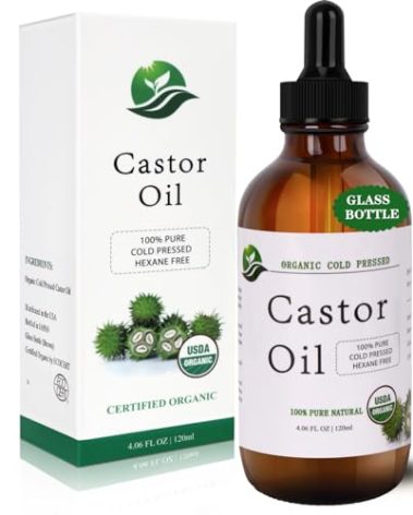 MAYLINK Castor Oil Organic Cold Pressed Unrefined Glass Bottle-Organic Certified 100% Pure Hexane Free,Organic Castor Oil for Face,Hair Growth,Eyelashes,Caster 4.23fl.oz/120ml