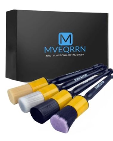 MVEQRRN 4pcs Car Detailing Brush Set, Boars Hair, Ultra Soft, No Scratch, Interior & Exterior, Includes 4 Different Brushes, Ergonomic Design, Multi-use for Vehicle, Bicycle, Motorcycle, Boat