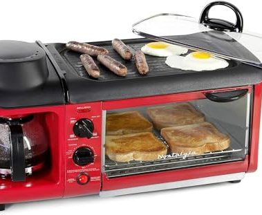 Nostalgia 3-in-1 Breakfast Station - Includes Coffee Maker, Non-Stick Griddle, and 4-Slice Toaster Oven - Versatile Breakfast Maker with Timer - Red