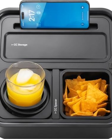 CouchConsole Original Tray - Drinks & Snacks Sofa Caddy with Armrest, Table with Phone Stand- TV Remote Control Storage and Organizer - for Living Rooms, RV, and Cars, Black/Black