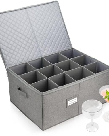 LotFancy Stemware Storage Container for Moving, Hard Shell, Wide Wine Glass Storage Box with Dividers & Handles, Stackable, Foldable Crystal Glassware Case, 21”x15.5”x10”, Grey