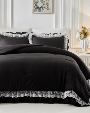 Joyreap Queen Size Comforter Set Black, 3pcs Lace Ruffled Bedding Comforter Set, Microfiber Vintage Gothic Boho Chic Bedding Set for All Season- 88x88 inches