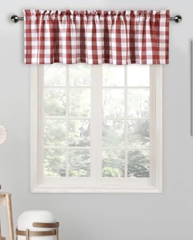 Amzdecor Red White Buffalo Plaid Valance Linen Sheer Cafe Curtain Buffalo Check Plaid Rod Pocket Rustic Farmhouse Kitchen Window Treatment for Living Room Bedroom,1 Panel, 55''x15'',Burgundy and White