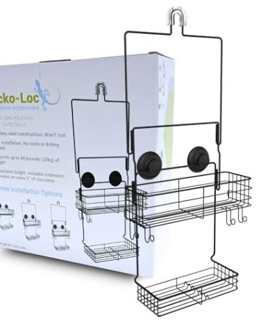 Gecko-Loc Extra Long Wide Adjustable Length over the showerhead hanging shower caddy organizer - for Shampoo, Soap, & Razors - Black