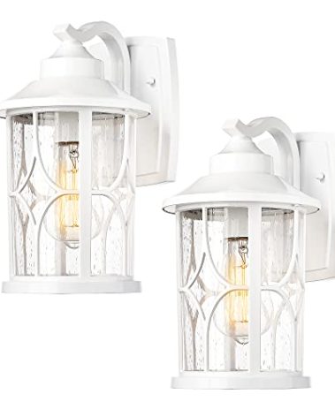 zeyu 2 Pack Outdoor Wall Sconce Lights, Modern Farmhouse Outdoor Porch Lights for House, Die-Cast Aluminum in White Finish, Seeded Glass Shade, ZX48B-2PK WH