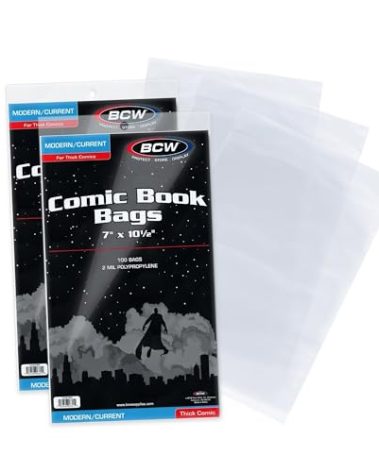 BCW Thick Current/Modern Comic Bags - 200 ct | Acid-Free Modern Comic Bags for Current Issues | Exterior 7 x 10 ½ inches | Crystal Clear Protection for Your Comic Collection