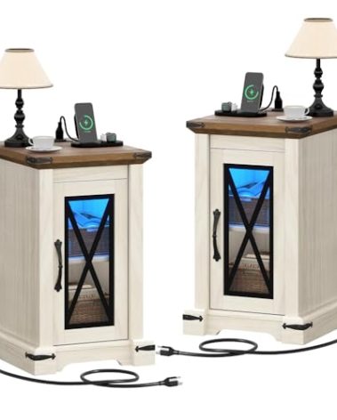 YITAHOME Nightstand with Charging Station, Farmhouse End Table Bedside Table with LED Lights & Adjustable Storage Shelf Sofa Side Coffee Table for Bedroom, Living Room, Set of 2