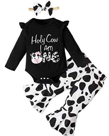 Slanavel Baby Girl First Birthday Outfit 1st Birthday Girl Clothes Holy Cow Im One Infant Girl Outfits (Black,12-18 Months)