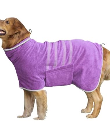 HhiMyOct Dog Robe - Fast Drying Towel - Microfiber Super Absorbent Pet Bathrobe, Adjustable Collar & Belly Strap (Purple, XXX-Large)