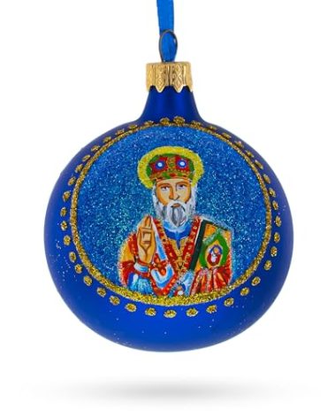 St. Nicholas with The Bible Ukrainian Glass Ball Christmas Ornament 3.25 Inches