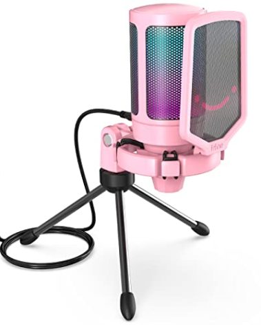 FIFINE USB Gaming PC Microphone for Streaming Podcasts, AmpliGame RGB Computer Condenser Desktop Mic, Cardioid Pattern for YouTube Video, Plug and Play on PS4 PS5, with Quick Mute, Mic Gain-A6V Pink