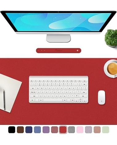 TOWWI PU Leather Desk Pad with Suede Base, Multi-Color Non-Slip Mouse Pad, 24” x 14” Waterproof Desk Writing Mat, Large Desk Blotter Protector(Red)