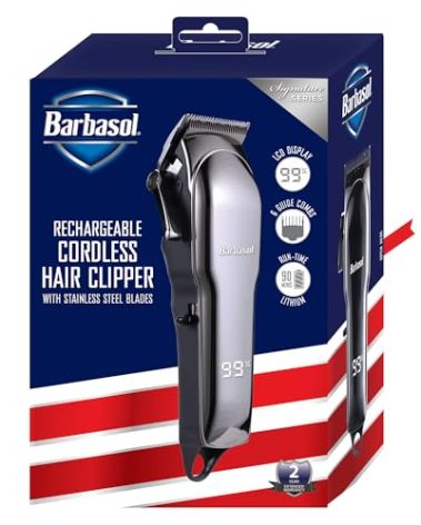 Barbasol Rechargeable Hair Clippers, Professional & Home Haircut Clippers for Men, Rust-Free Low-Heat Ceramic Blades, 6 Clipper Guard Combs, Adjustable Taper, LCD Display, Black