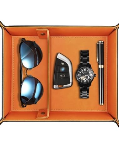 SITHON Valet Tray Desktop Storage Organizer, Removable 2 Compartments Catchall Tray Bedside Vanity Nightstand Caddy Holder Desk Storage Plate, Orange