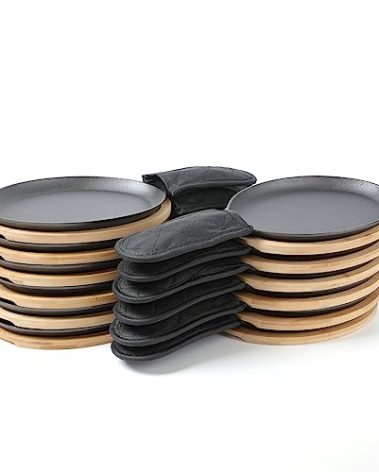 HAWOK Cast Iron Fajita Plate, 15.35''Lx7.09''W, with Bamboo Tray and Handle Holder, Pre-seasoned, Set of 12