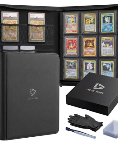 Deck Fort Toploader Binder 9 Pocket Holds 360 Toploaders - Collector Kit Gloves, Tweezers & Gift Box - Holder for 3x4 Top Loaders - Mesh Pocket for PSA Slabs Zippered Storage Album TCG & Sports Cards