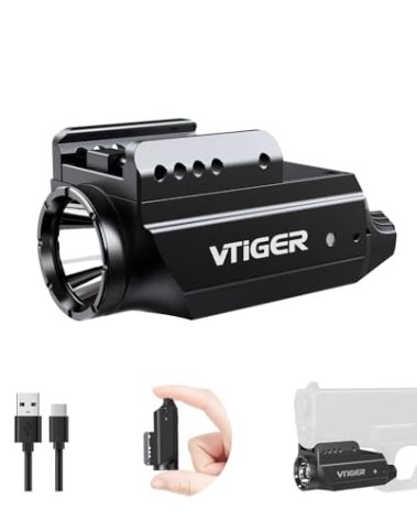 VTIGER PL1 Mini Powerful Compact Pistol Light, 1000 Lumens 984 FT Rechargeable Weapon Handgun Lights, Small Adjustable Rail-Mounted LED Tactical Flashlights for GL/1913 Picatinny Rail, IPX6