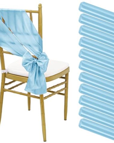 120 PCS Satin Chair Sashes Baby Blue Shiny Ribbon Ties Back Bows Designed Universal Cover for Wedding Reception Gathering Birthday Party Banquet Restaurant Decor (7x78inch)