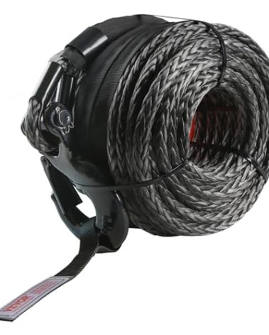 VEVOR Synthetic Winch Rope, 3/8 Inch x 100 Feet 26,500 lbs Synthetic Winch Line Cable Rope with Protective Sleeve + Forged Winch Hook + Pull Strap, Universal Fit for SUV, Large Off-Road Vehicle, Truck