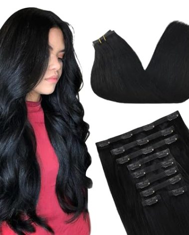GOO GOO Clip in Hair Extensions Real Human Hair, Remy Human Hair Extensions Clip ins for Women, Natural Human Hair, 14inch 130g 9Pcs, 1 Jet black