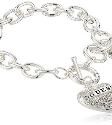 GUESS Women's Silvertone Chain Toggle Dangle Heart Charm Bracelet