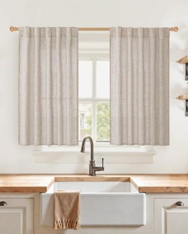 YoungsTex Short Linen Curtains 40 Inch Length for Kitchen Window Over Sink, Semi Sheer Cafe Drapes Light Filtering with Rod Pocket Back Tab for Bathroom, 42 X 40 Inch, 2 Panels