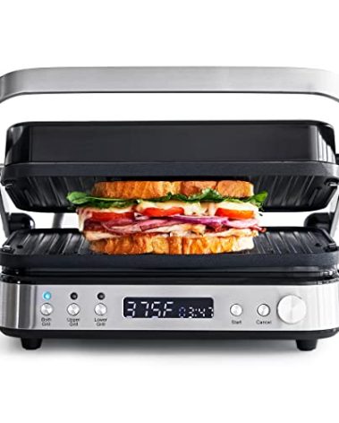 GreenPan Electric Indoor Stainless Steel 6-in-1 Contact Grill and Griddle, Healthy Ceramic Nonstick, Dishwasher Safe Reversible Plates, PFAS-Free