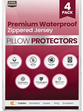 Utopia Bedding Set of 4 Waterproof Pillow Protectors with Toddler Size (White), Ultra Soft Pillow Covers, Bed Bug and Dust Mite Proof Pillow Encasements, Moisture Wicking Pillow Cases