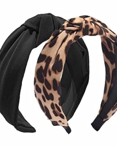 Etercycle 2PCS Headbands for Women, Bow Knotted Wide Headband, Yoga Hair Band Fashion Elastic Hair Accessories for Women (Black, Leopard)