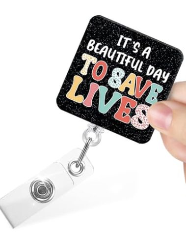 Juoqg It's a Beautiful Day to Save Lives Funny Retractable Badge Reel with Clip, Glitter Badge Holder for First Responder Phlebotomist Anatomy Anesthetist RN ER ICU Nurse Doctor Therapist Healthcare