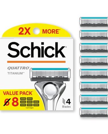 Schick Quattro Titanium Razor Refills, 8ct | Schick Razor Blades Refills, Razor Blades for Men, Shaving Blades for Men, Quattro Razor Refill, 4 Blade Razor Heads, 8 Refills