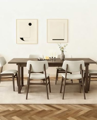 KISLOT Wooden Dining Chairs Set of 6, Upholstered Modern Dining Room Chairs, Solid Oak Wood Kitchen Chairs with Soft Cushion Backrest for Farmhouse, Restaurant, Café (Cream Fabric & Walnut Color)