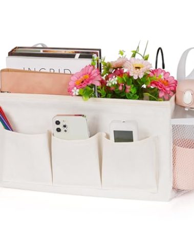 Lilithye Bedside Caddy Storage Organizer with Fixed Straps and Water Bottle Holder for Home, College, Dorm, Bunk/Hospital/Crib Bed Rails, White
