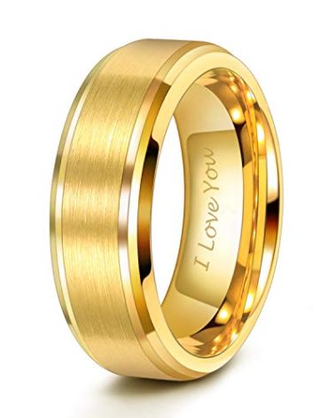TRUMIUM 8MM Mens 24K Gold Plated Ring Tungsten Wedding Band Engraved I Love You Brushed Matte Comfort Fit Size 10