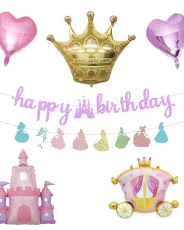 Princess Birthday Banner and Castle /Carriage Foil Balloons for Princess Birthday Party Decoration Baby Shower Decorations