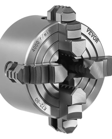 VEVOR 4-Jaw Lathe Chuck, 3 Inch (80 mm), 4-Jaw Chuck, 0.1-3.15 in (5-80 mm) Clamping Range with T-key Fixing Screws Reversible Jaws, HT300 Material, Internal External for Wood Metal Lathe