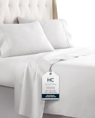 HC COLLECTION Bed Sheets Cal King, Hotel Luxury Platinum 1800 Series Brushed Microfiber Flat Sheet Deep Pocket Fitted Sheet and 2 Envelope Pillowcases, Ultra Soft 4 Pcs Bedding for Hot Sleepers, White