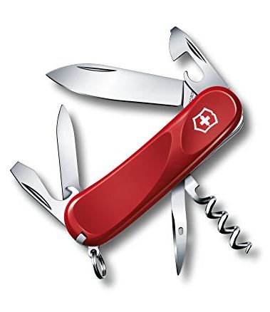 Victorinox Evolution 10 Red Swiss Army Knife, 13 Function Ergonomic Swiss Made Pocket Knife with Large Blade, Reamer and Nail File - Red