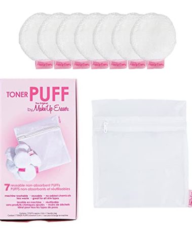 MakeUp Eraser Toner Puff 7pc Set, Reusable and Machine Washable Rounds, Laundry Bag Included