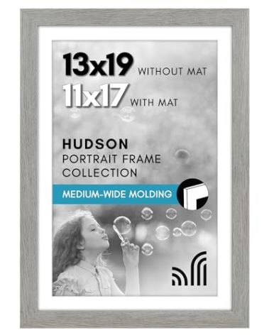 Americanflat 13x19 Picture Frame with Shatter-Resistant Glass - Use as 11x17 Frame with Mat or Display 13x19 Photo Without Mat - Hudson Collection - Wide Picture Frames for Wall Display - Grey Wood
