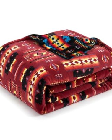 Sacred Thread Aztec Blanket Fleece, Reversible Native American Blanket, Western Throw, Native American Western (Burgundy Flannel), Queen (79”x95”)