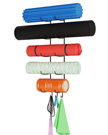 Wallniture Guru Yoga Mat Holder Wall Mount with 3 Hooks for Hanging Yoga Strap, Resistance Bands, 5-Sectional Metal(Black)