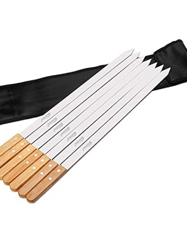 Goutime Kabob Skewers 23 Inch Long,1 Inch Wide Stainless Steel Grilling BBQ Skewer with Wood Handle for Making Koubideh Persian Brazilian Chicken Shrimp Kebab,Set of 7 with Bag